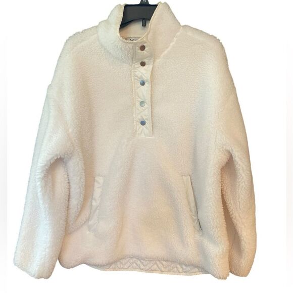 Athleta L Winter White Cozy Sherpa Snap Collar Winter Kangaroo Pocket Jacket - Picture 1 of 7